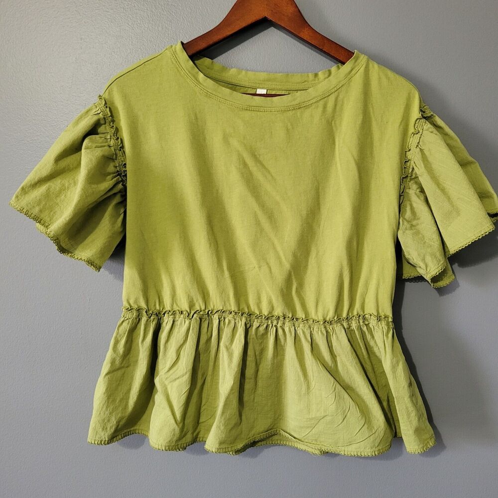 BY ANTHROPOLOGIE Peplum Top Size XS Oversized Olive Green Boho Short Sleeve